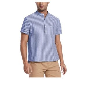 Men's Shirts Linen Button Down Shirts Casual Henley Short Sleeve with Pocket